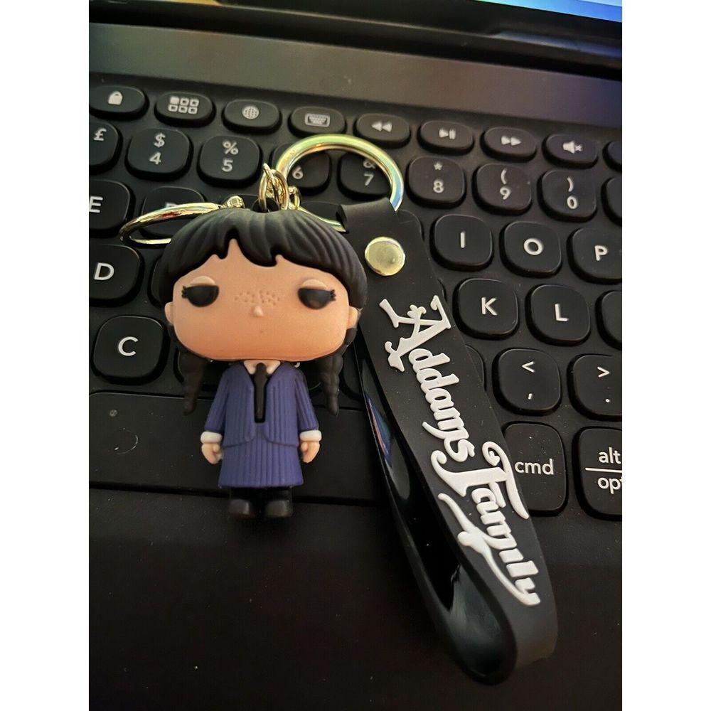 Wednesday Addams Family 3D Keychain PVC Logo Leash, Purple Outfit,